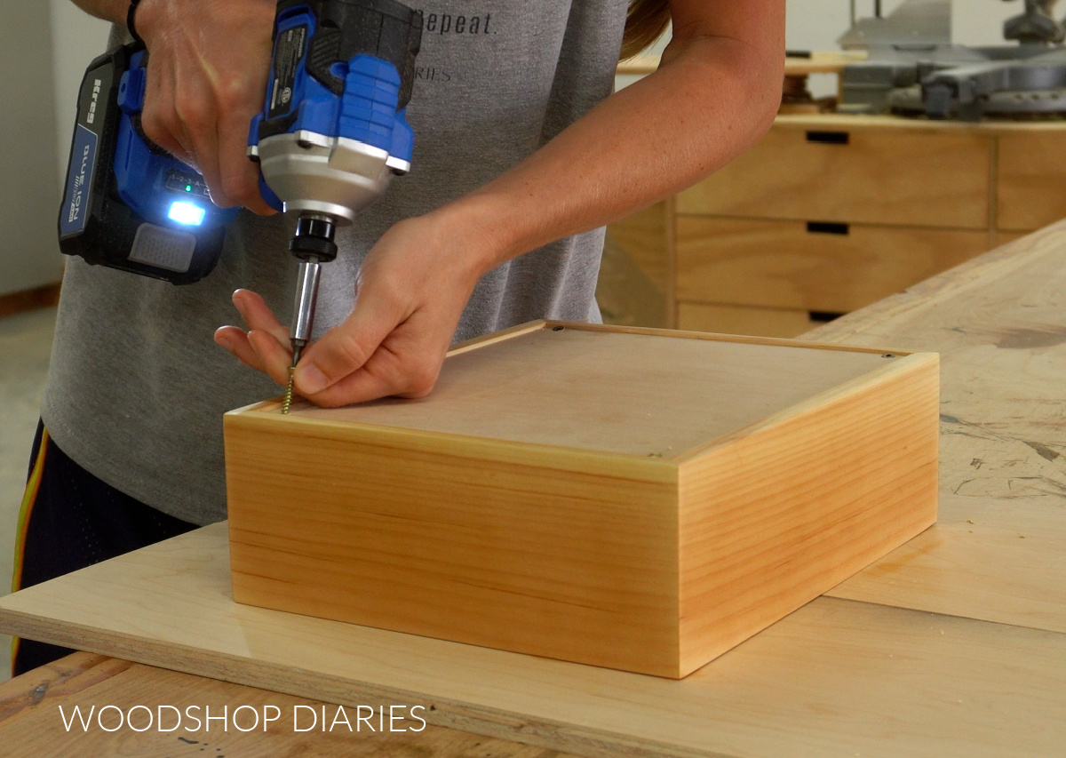 Shara Woodshop Diaries driving screws to install back board of shadow box