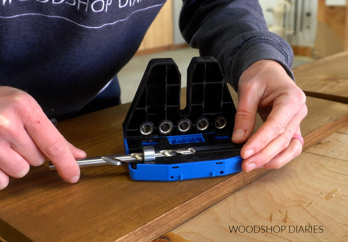 Close up of adjusting drill depth on Kreg Doweling Jig