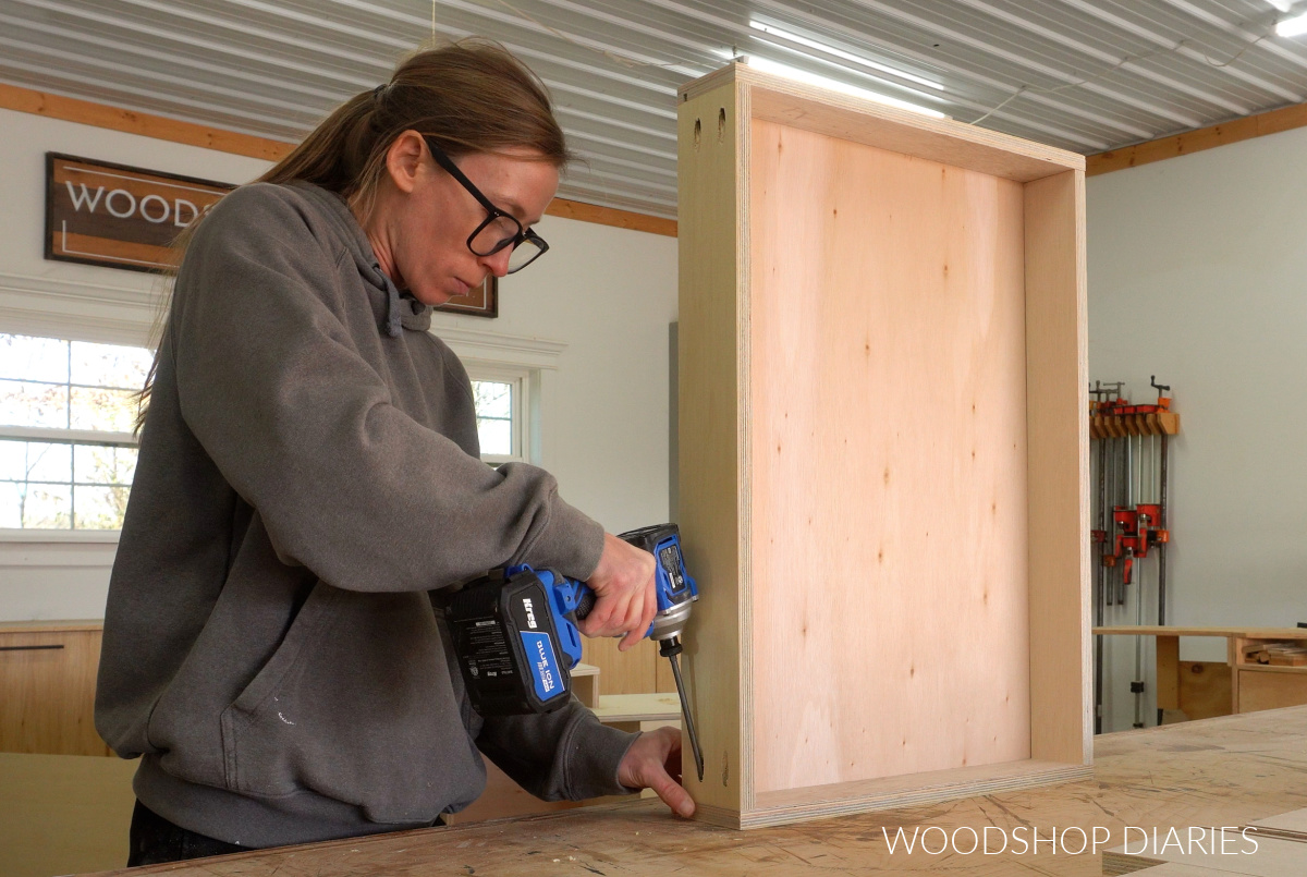 Shara Woodshop Diaries assembling shallow drawer box on workbench for miter saw stand