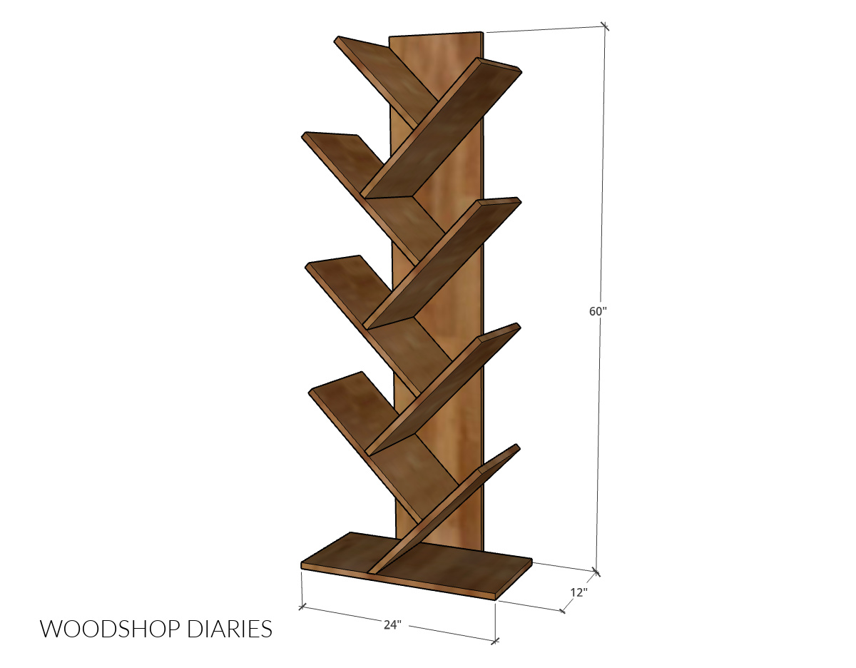 Overall dimensional diagram of angled bookshelf