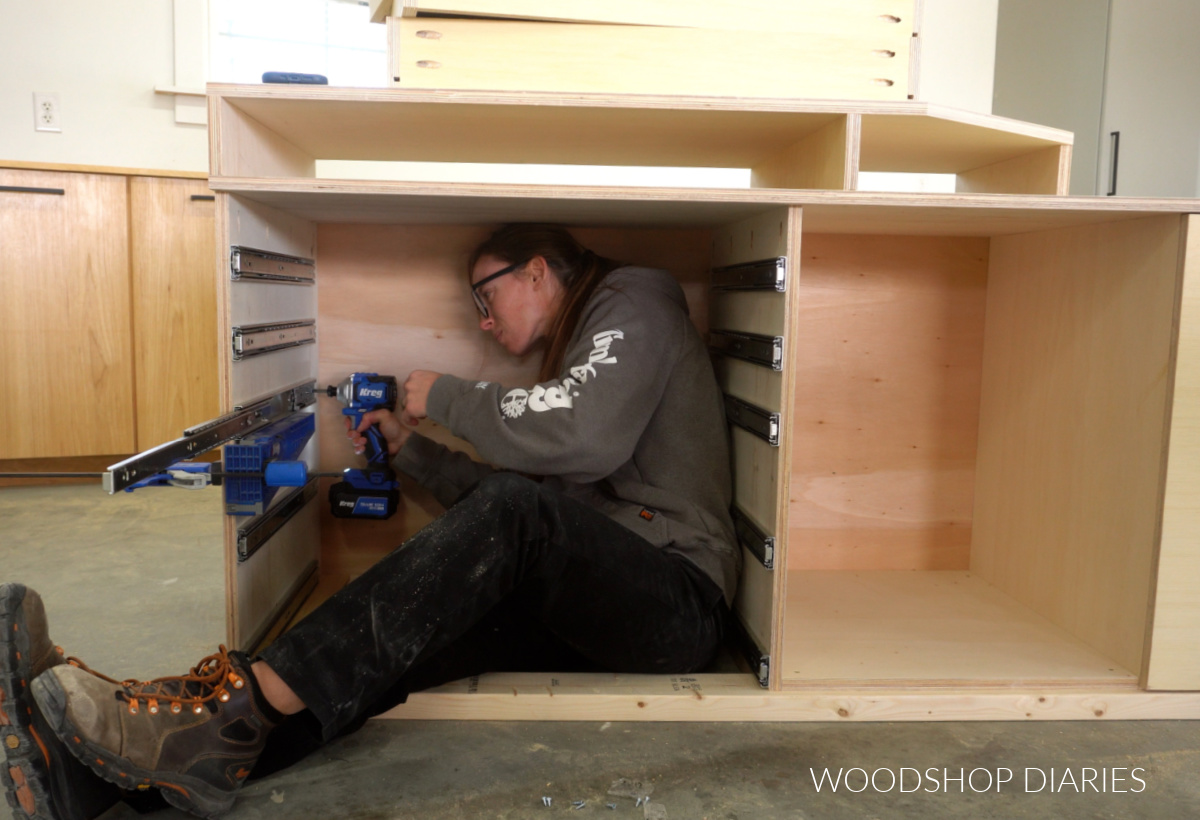 Shara Woodshop Diaries installing drawer slides into miter saw stand open cubby