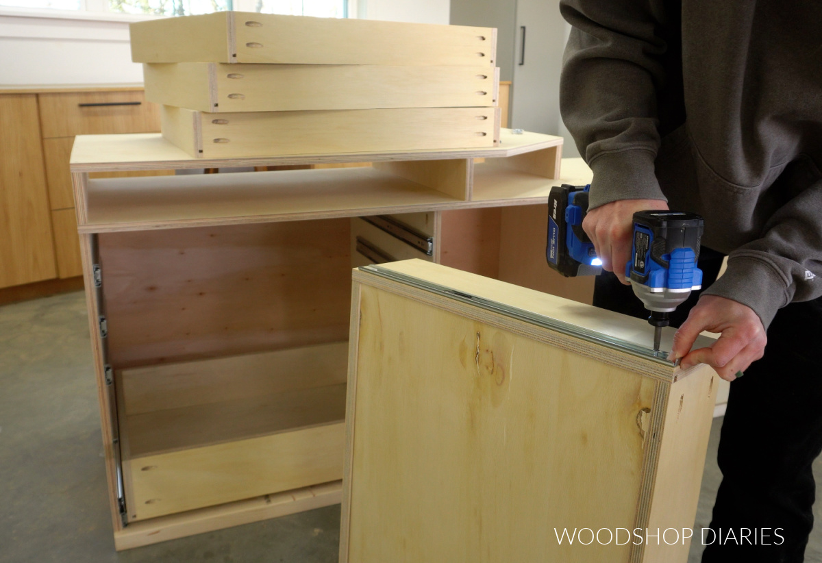Shara Woodshop Diaries installing drawer slides to sides of drawer boxes