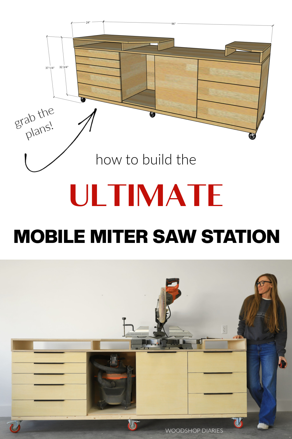Pinterest collage image showing dimensional miter saw stand diagram at top and Shara with Miter saw stand at bottom with text "how to build the ULTIMATE mobile miter saw station"