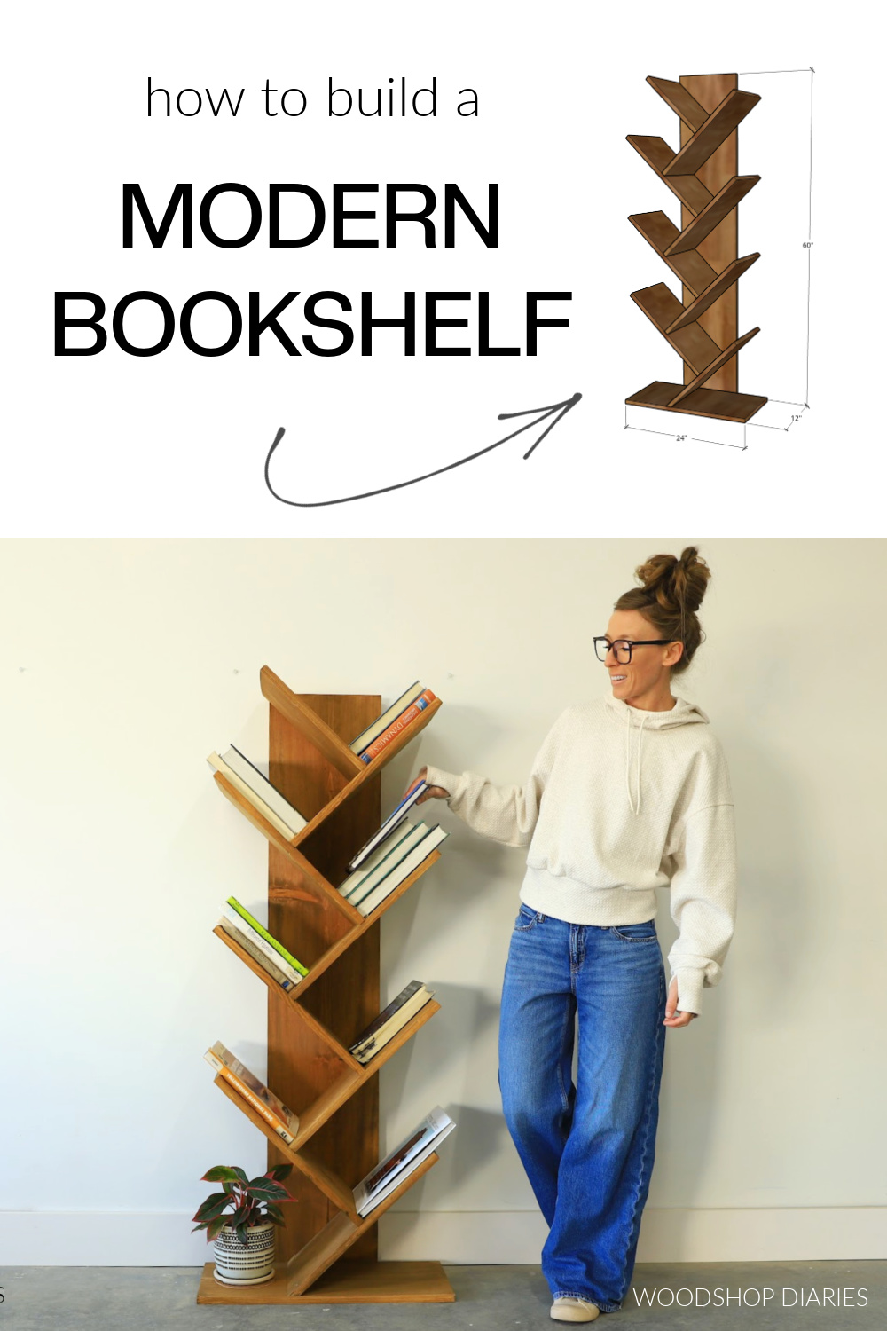 Pinterest collage image showing Shara Woodshop Diaries with angled bookshelf at bottom and overall dimensional diagram at top with text "how to build a modern bookshelf"