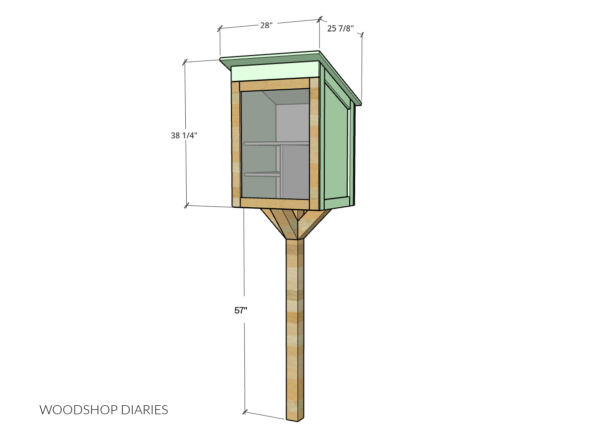 Dimensional diagram of free little pantry project showing overall dimensions