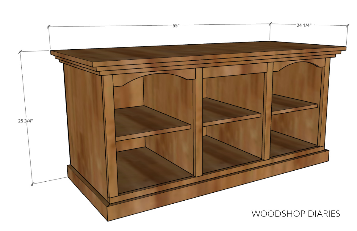Dimensional diagram of TV stand console showing overall dimensions in width, height, and depth
