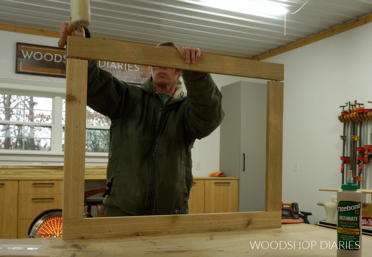 Shara Woodshop Diaries assembling door frame with dowel pins