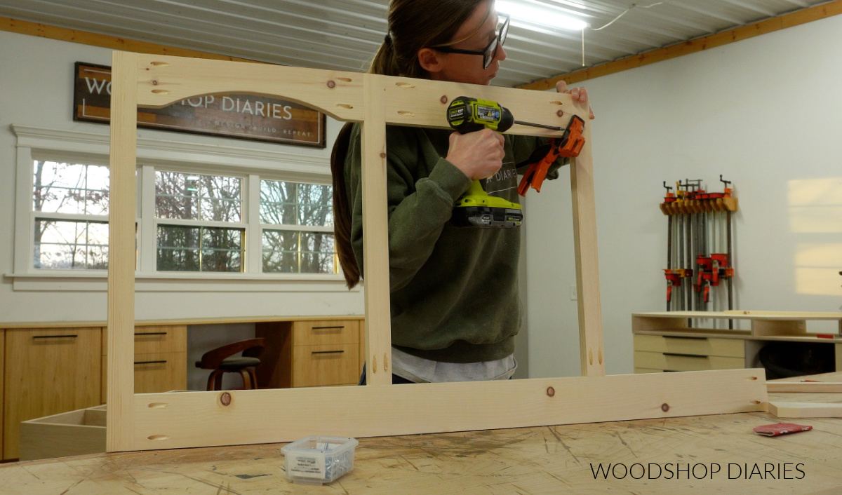 Shara Woodshop Diaries assembling face frame on workbench using pocket hole screws
