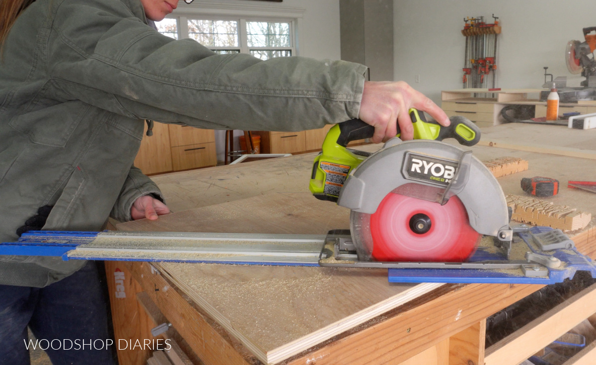 Shara Woodshop Diaries cutting corner off shelf panel using Kreg AccuCut and circular saw
