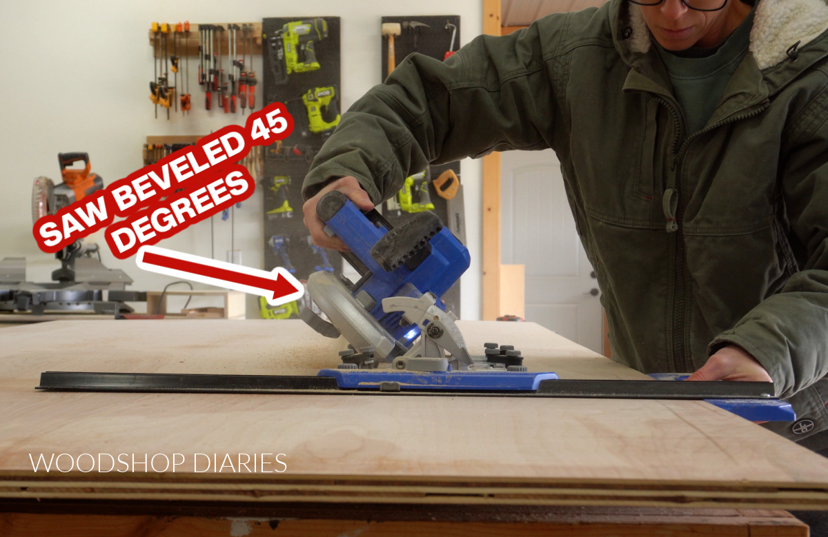 Shara Woodshop Diaries cutting plywood with Kreg Rip Cut with circular saw beveled 45 degrees