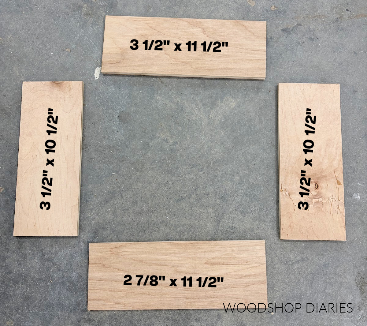 Four pieces of ½" plywood laid out on concrete floor with dimensions labeling each piece
