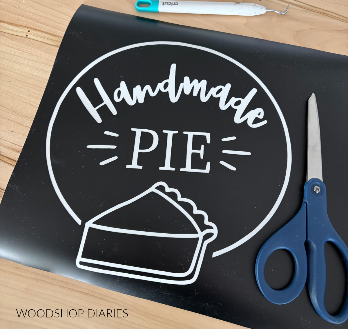Cricut vinyl stencil cut out with handmade pie logo