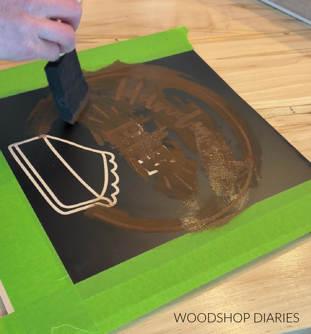 Shara Woodshop Diaries staining over vinyl stencil on wooden pie box lid