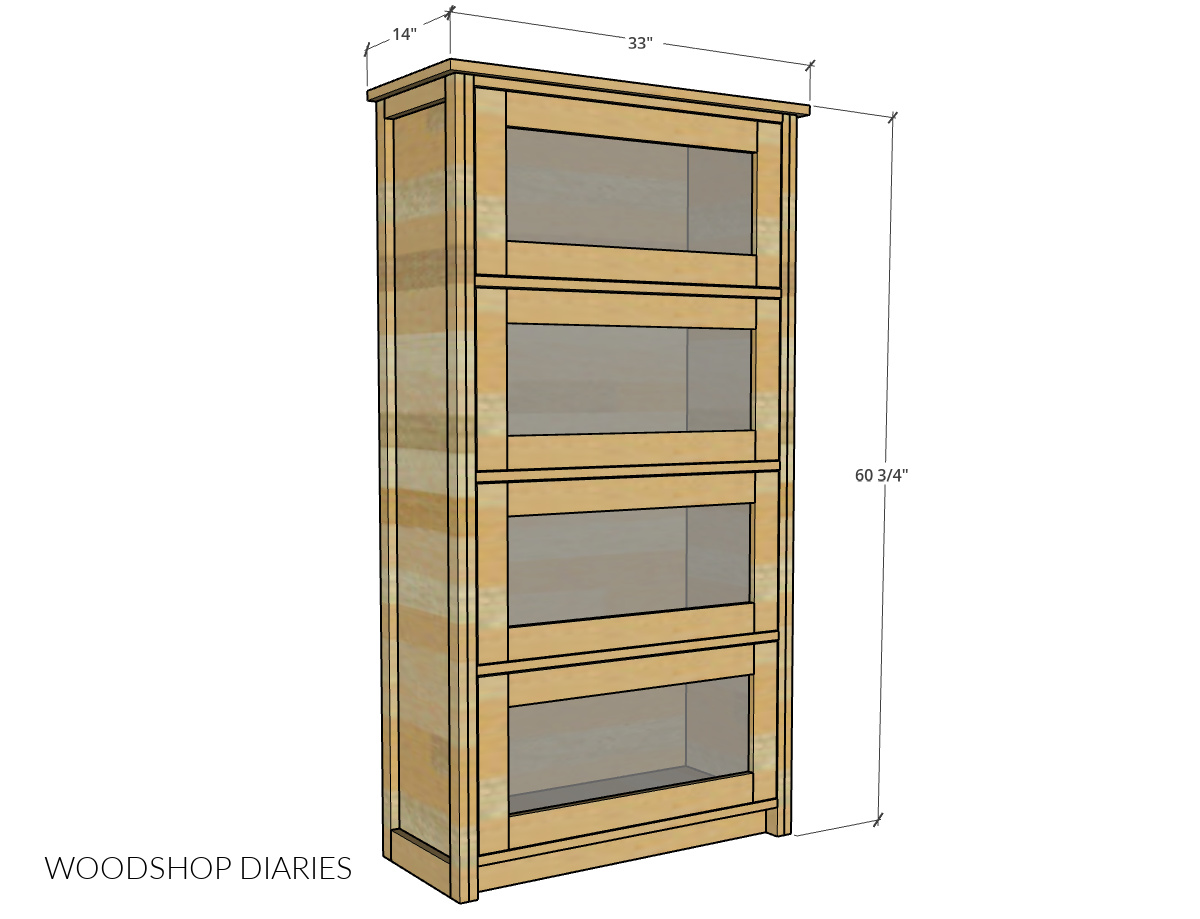 DIY Barrister bookcase overall dimensional diagram showing 14" deep x 33" wide x 60 ¾" tall.