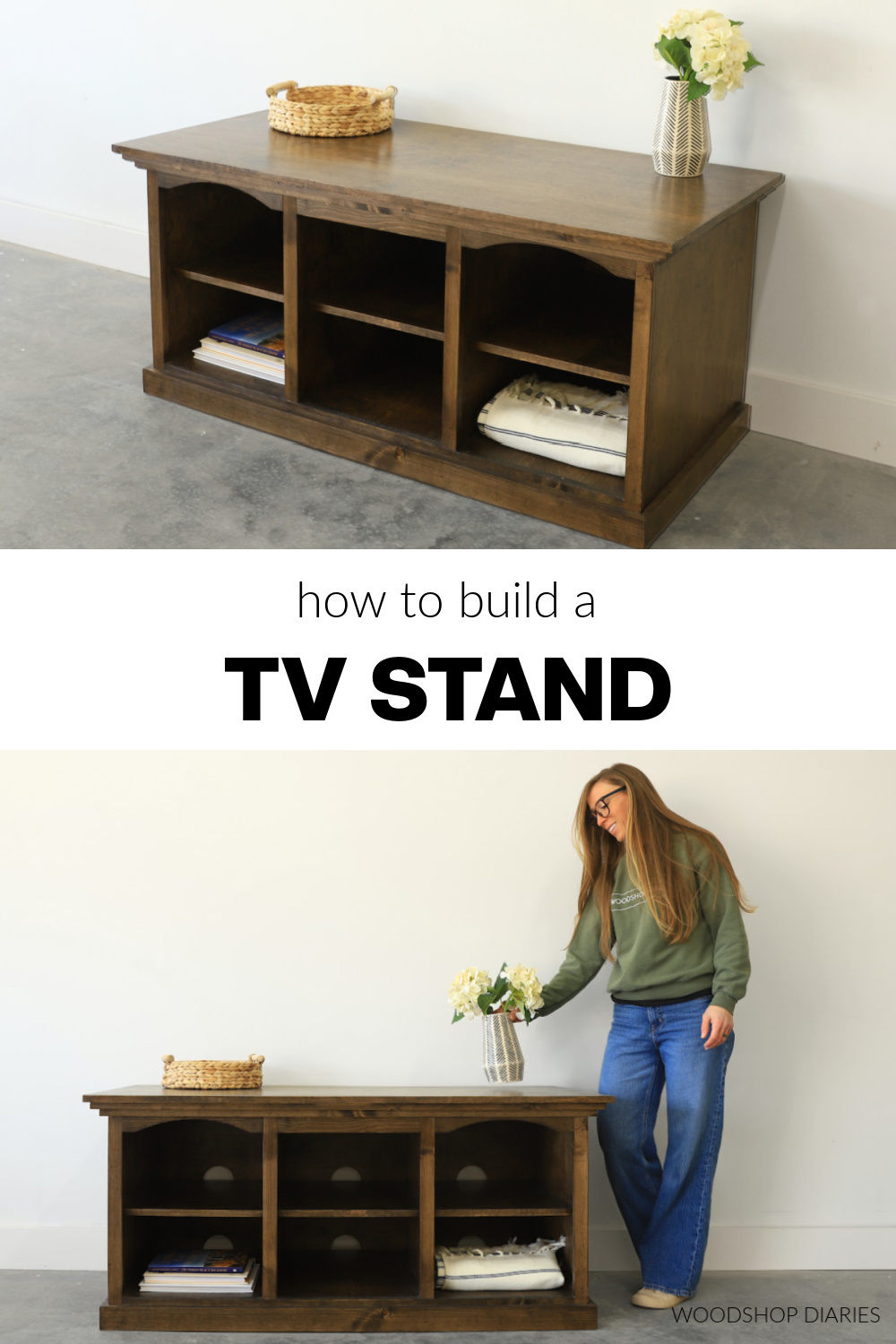 Pinterest collage showing Finished TV stand console at top and Shara standing next to TV stand at bottom with text "how to build a TV stand"