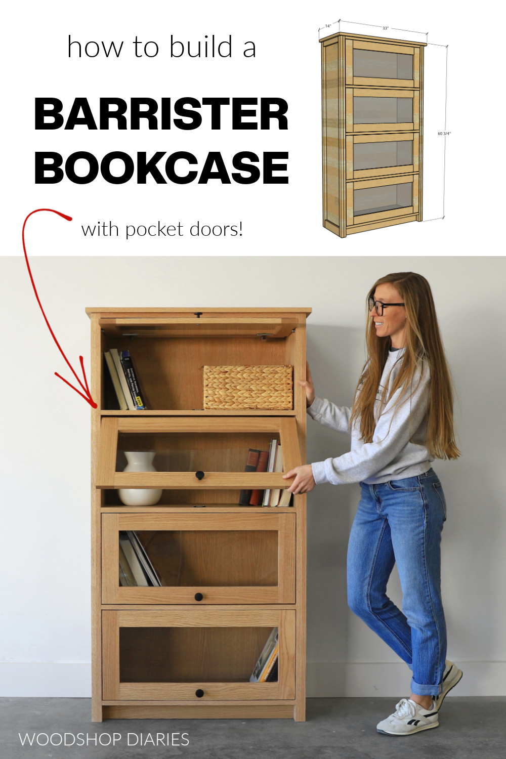 Pinterest collage image showing overall dimensional diagram at top and Shara standing next to completed barrister bookcase at bottom with text "how to build a barrister bookcase with pocket doors"