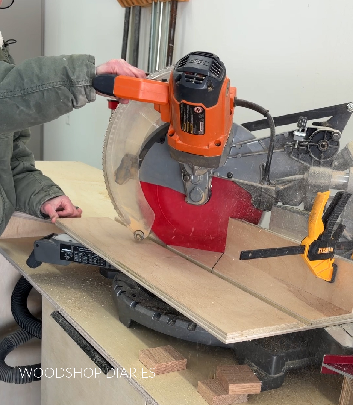 Shara Woodshop Diaries cutting blade kerfs in small parts jig with miter saw