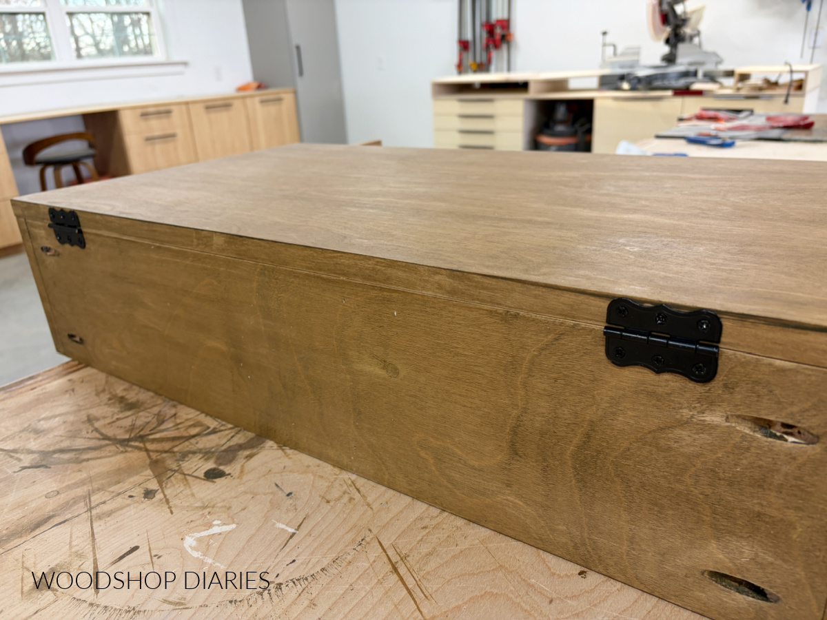 Close up of hinges used to attach Murphy desk fold out piece