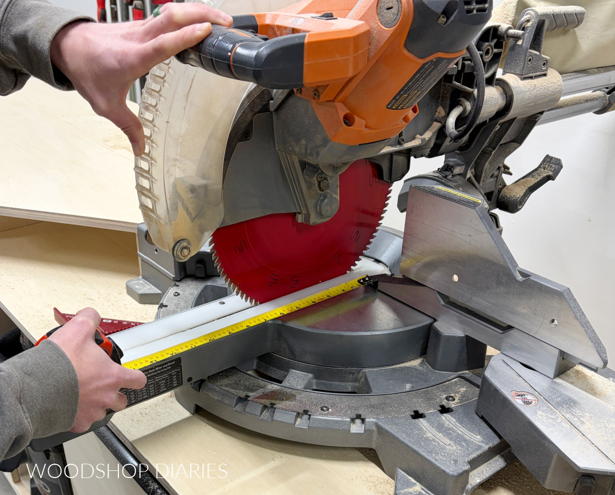 Shara Woodshop Diaries measuring miter saw blade depth with tape measure