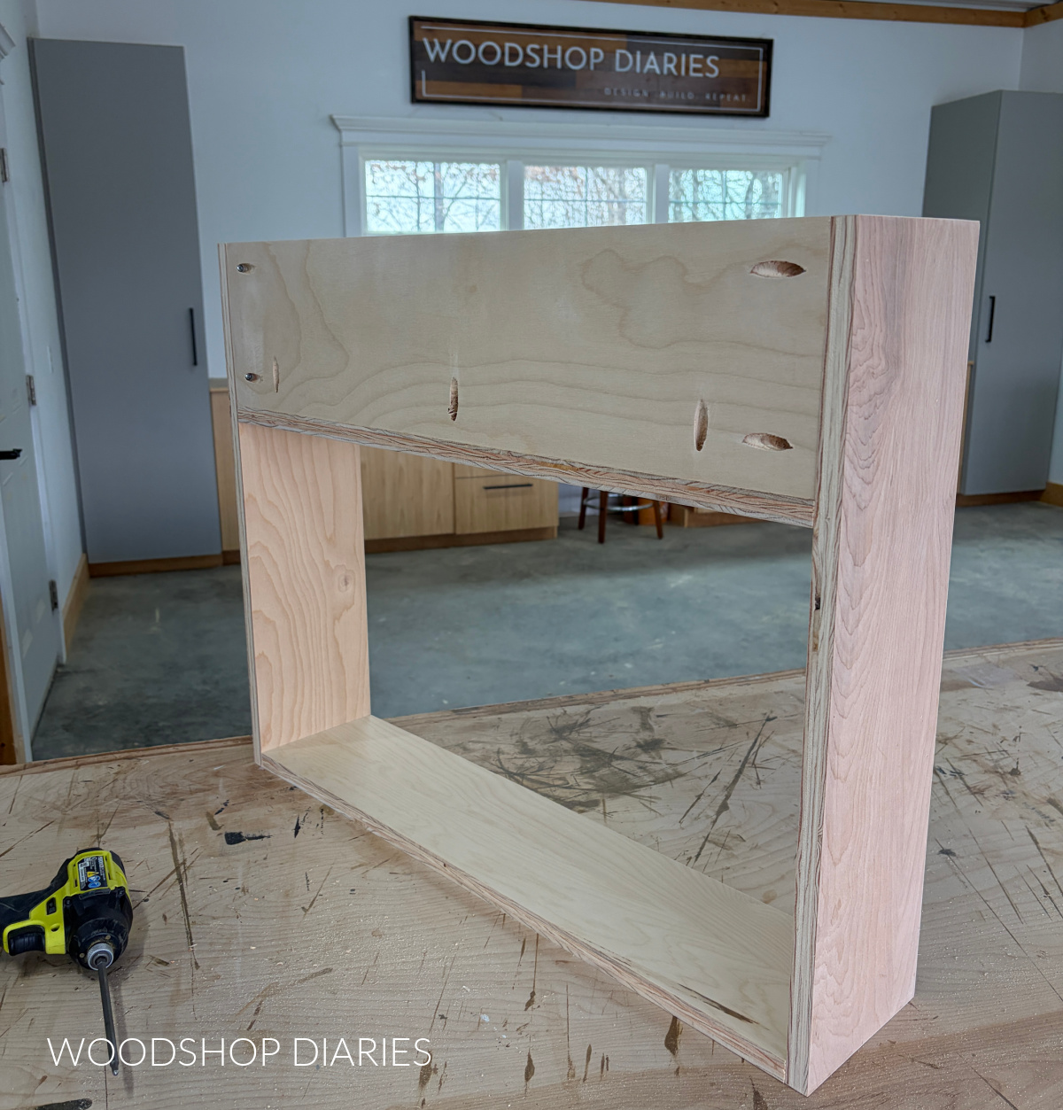 Wooden Murphy Desk frame assembled with pocket holes on workbench