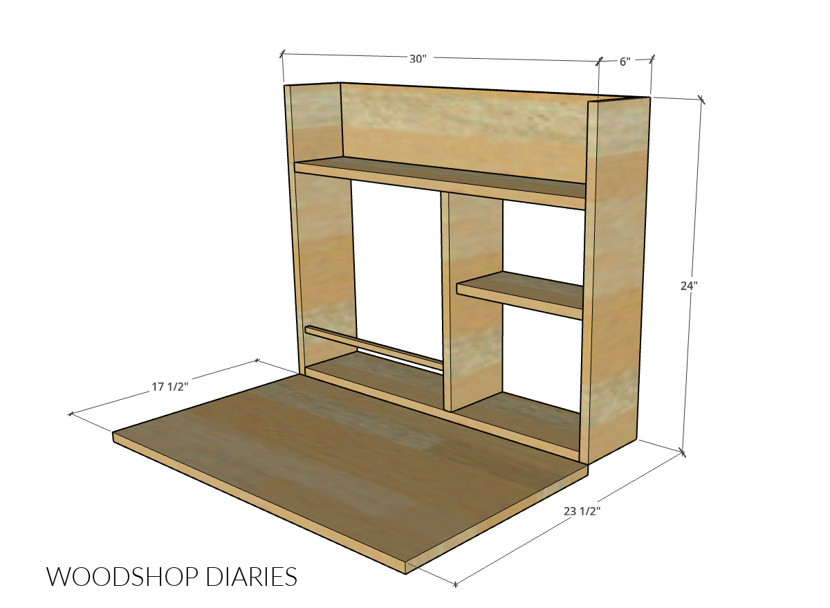 Overall dimensional diagram of DIY murphy desk in open position