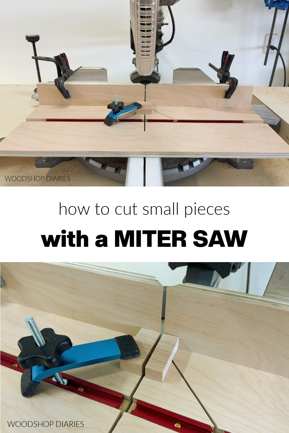 Pinterest collage image showing small parts miter saw jig at top and small piece cut at the bottom with text "how to cut small pieces with a miter saw"