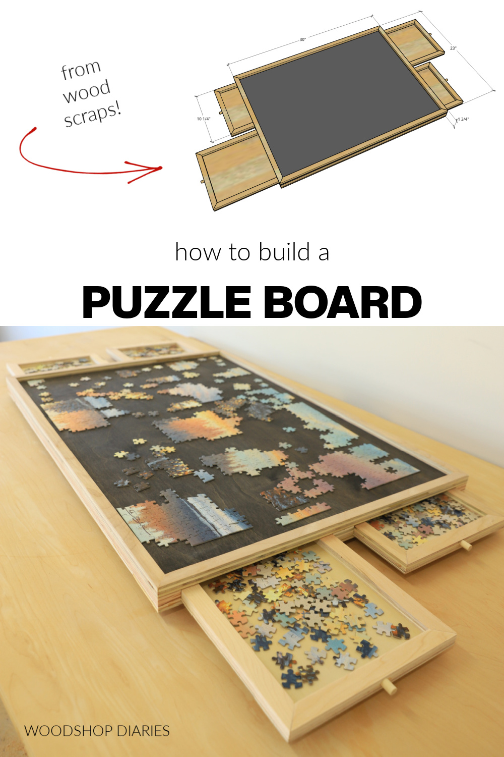 Pinterest collage image showing overall puzzle board dimensions at top and completed puzzle board at bottom with text "how to build a puzzle board from wood scraps"