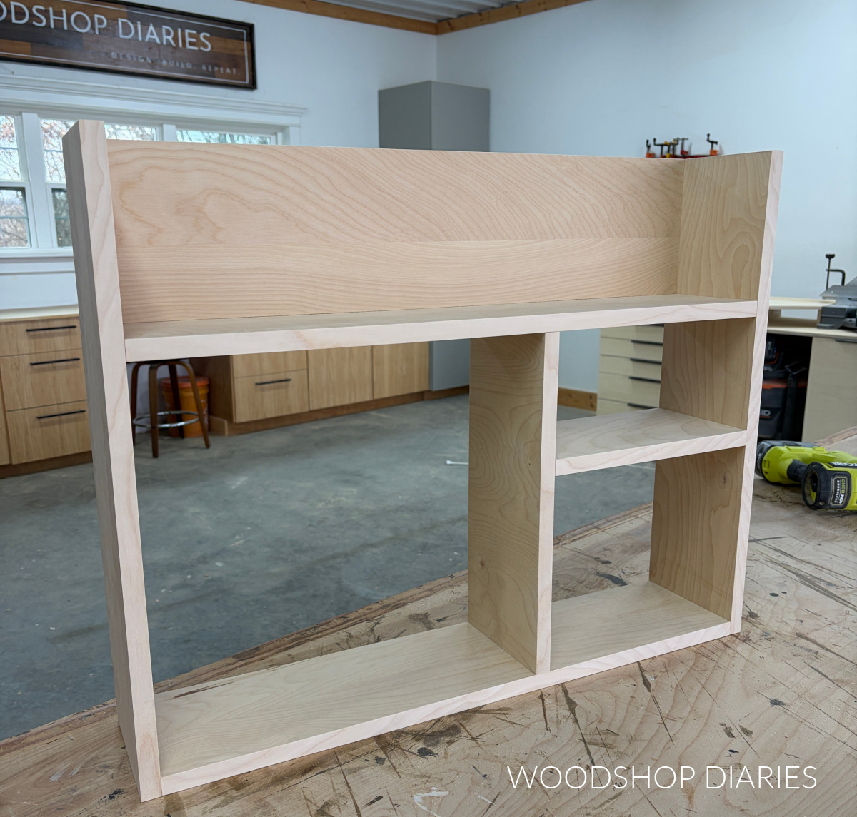 DIY Murphy desk frame with shelves installed