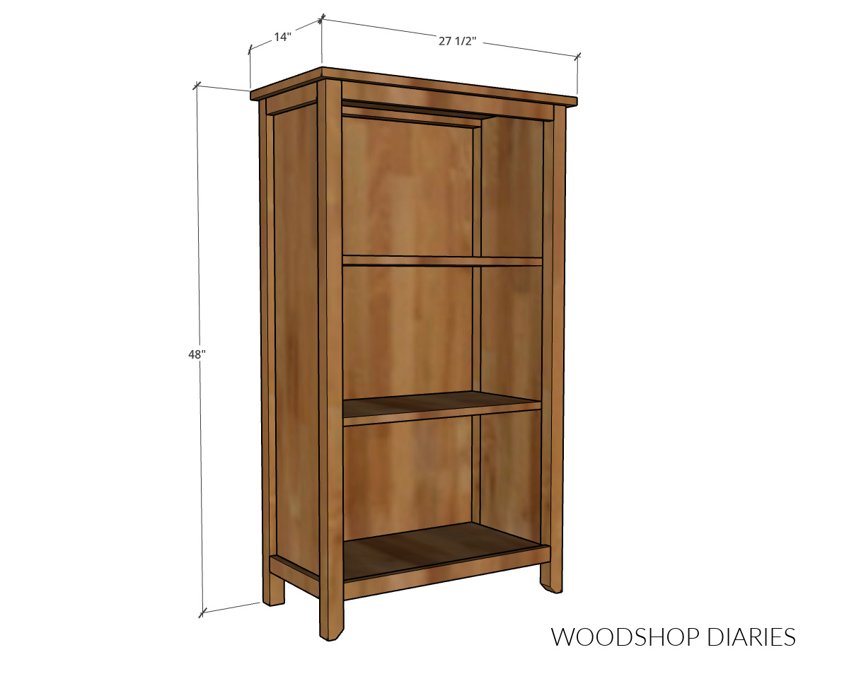 Overall dimensional diagram of DIY small bookcase project with three shelves
