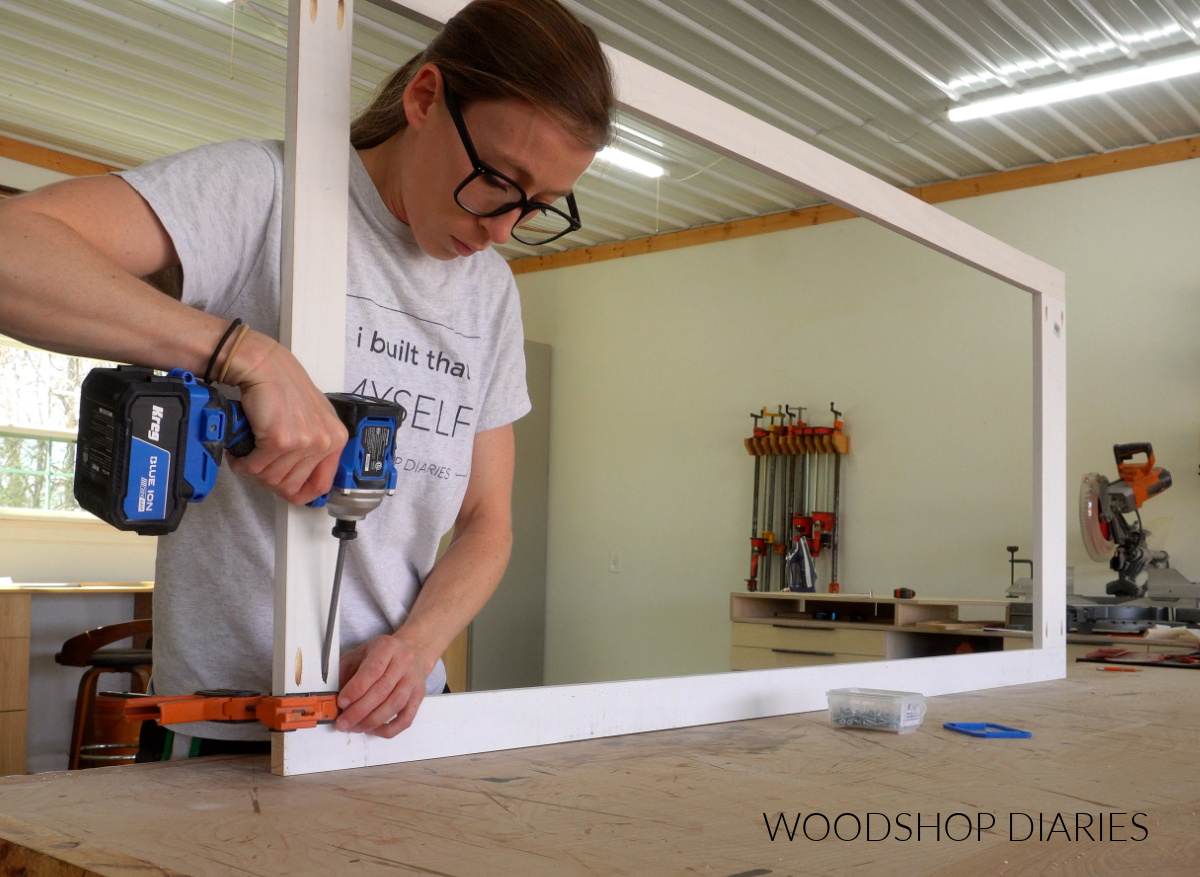 Shara Woodshop Diaries assembling large face frame on workbench with pocket holes