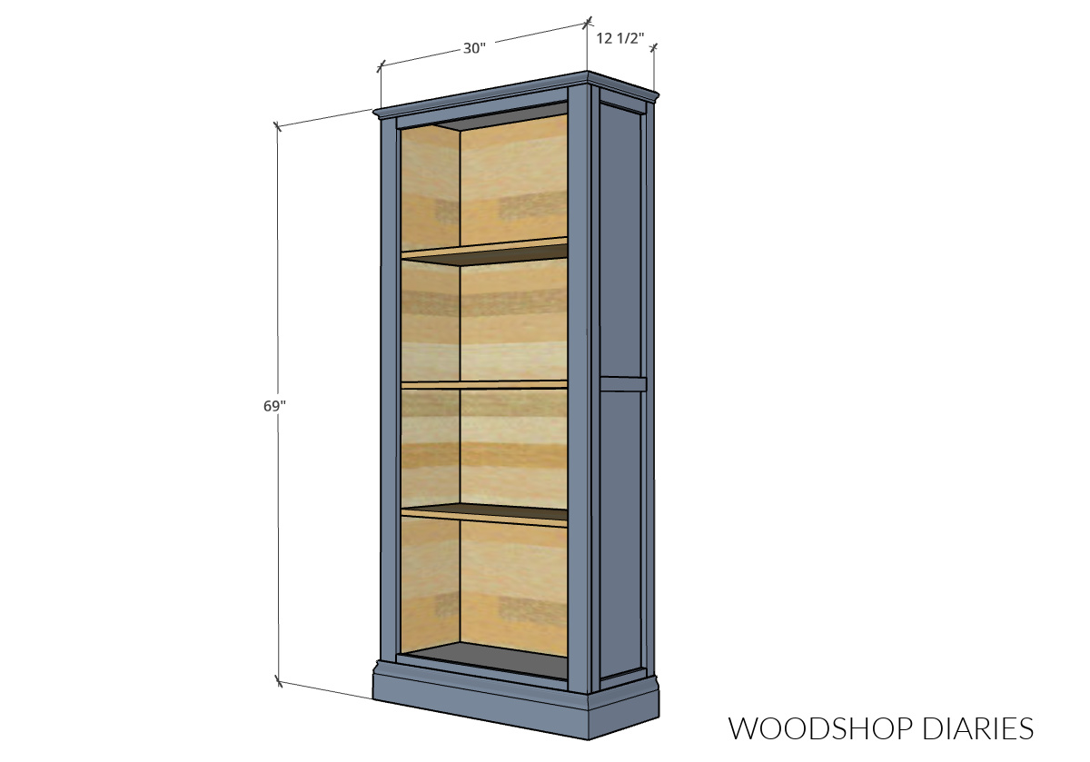 Overall dimensional diagram of bookcase with trim on sides, top and bottom