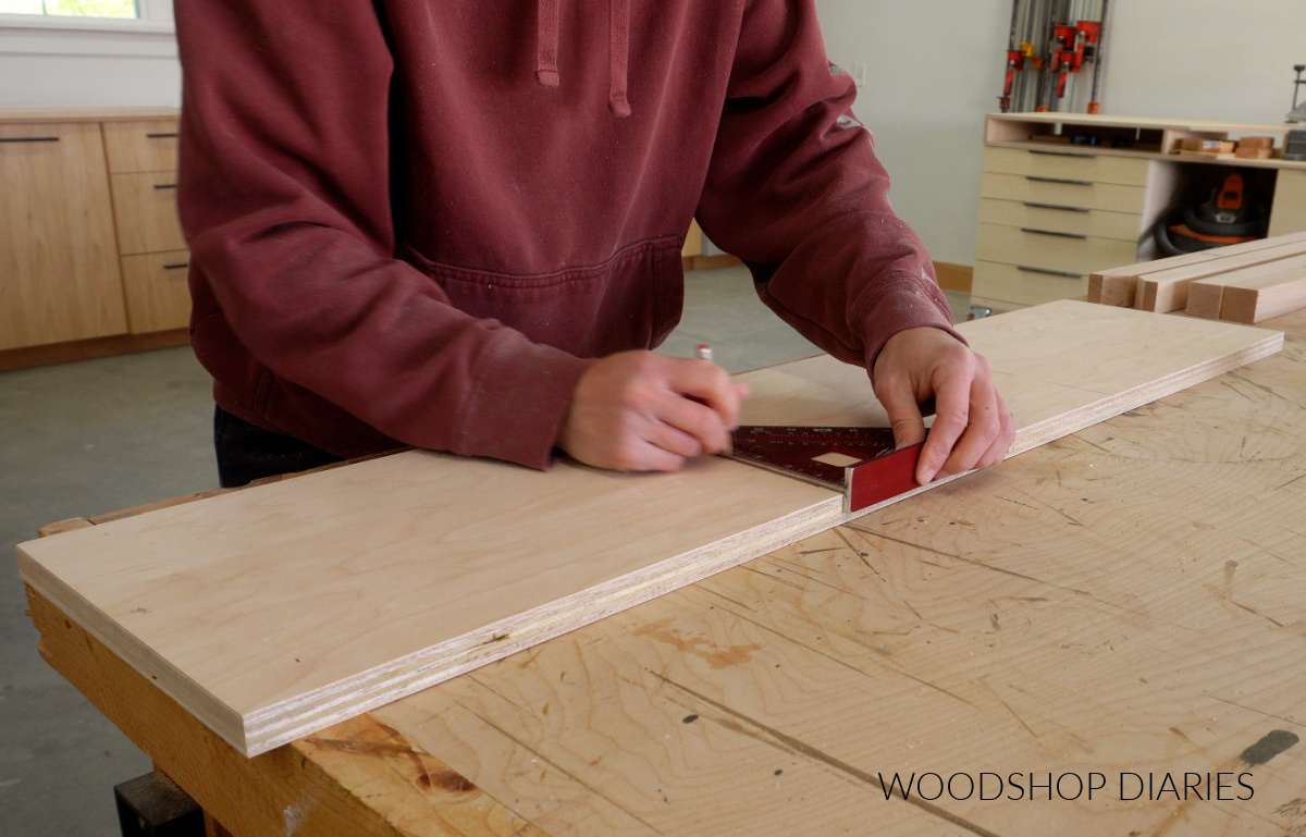 Shara Woodshop Diaries laying out pocket hole locations on plywood panel 