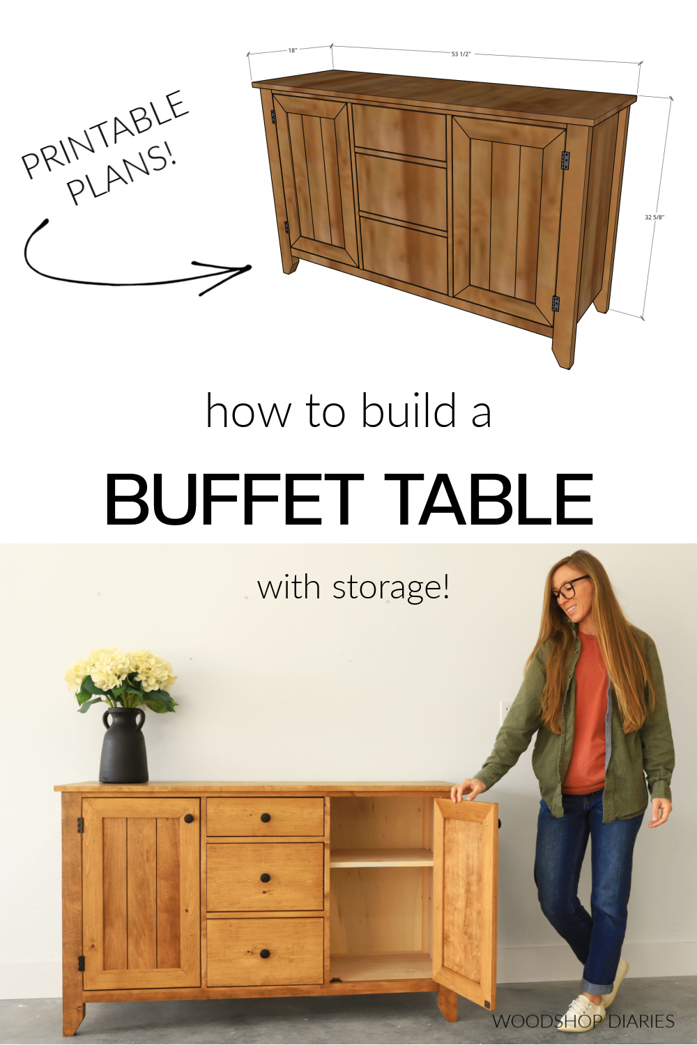 Pinterest collage image showing overall dimensional diagram of buffet table at top and Shara with buffet table at bottom with text "how to build a buffet table with storage"