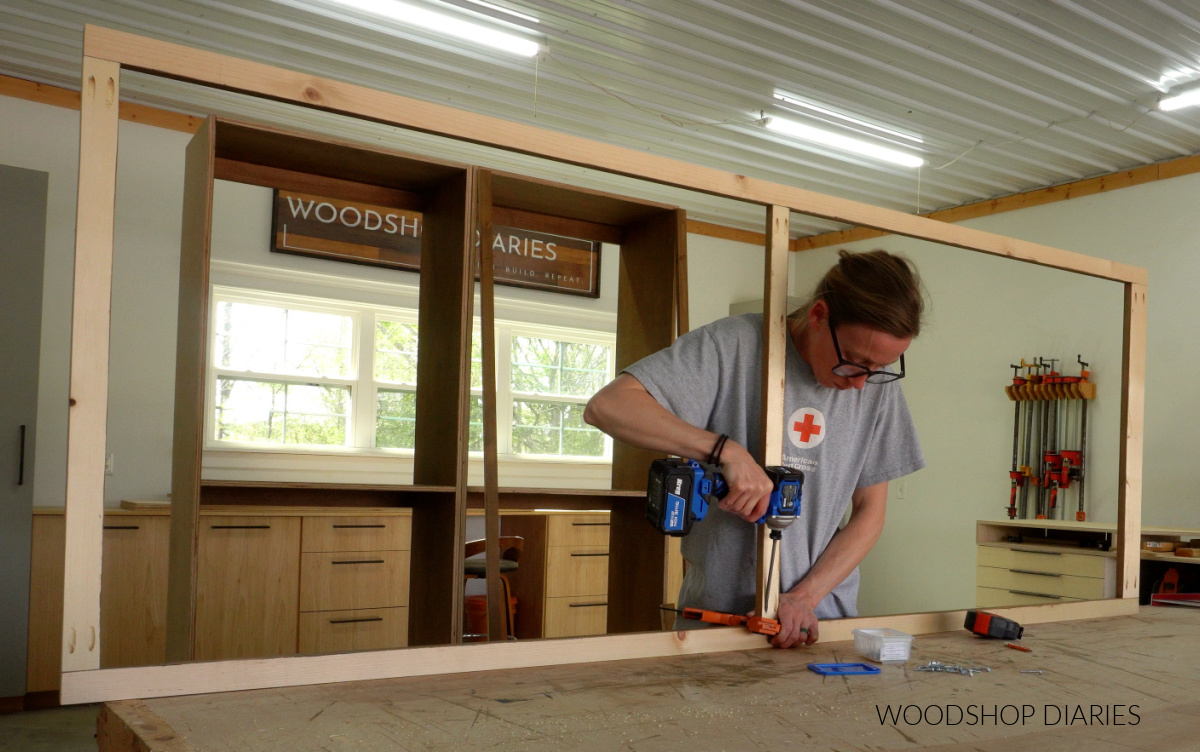 Shara Woodshop Diaries assembling large closet tower face frame with pocket holes