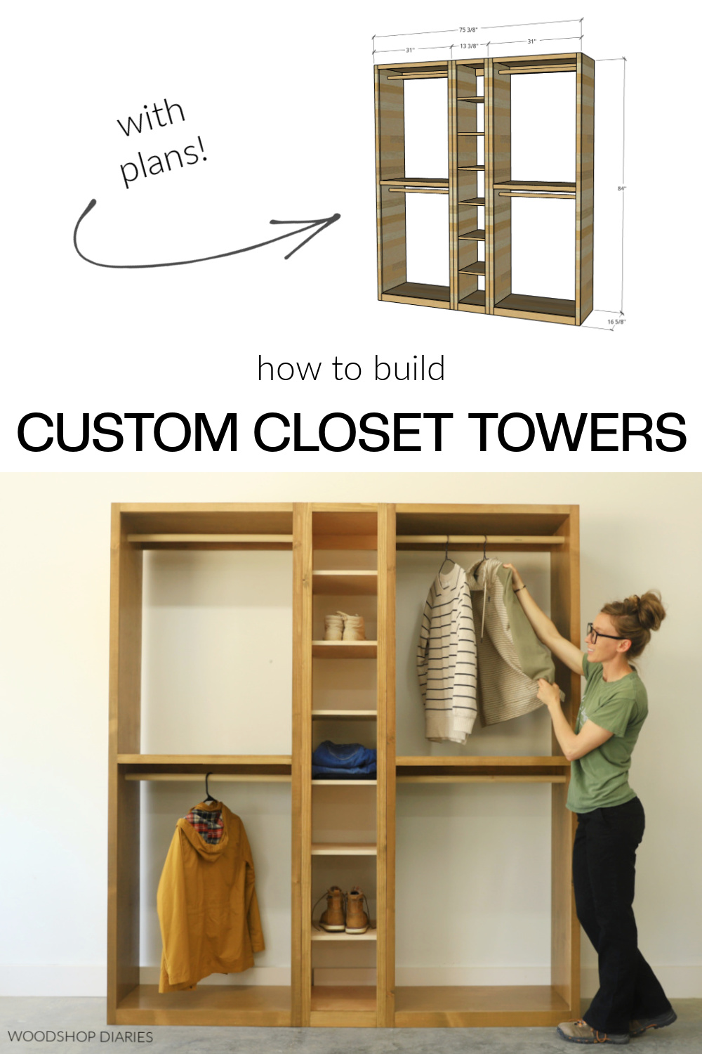 Closet tower Pinterest collage image showing dimensional diagram at top and completed DIY closet tower cabinets at bottom