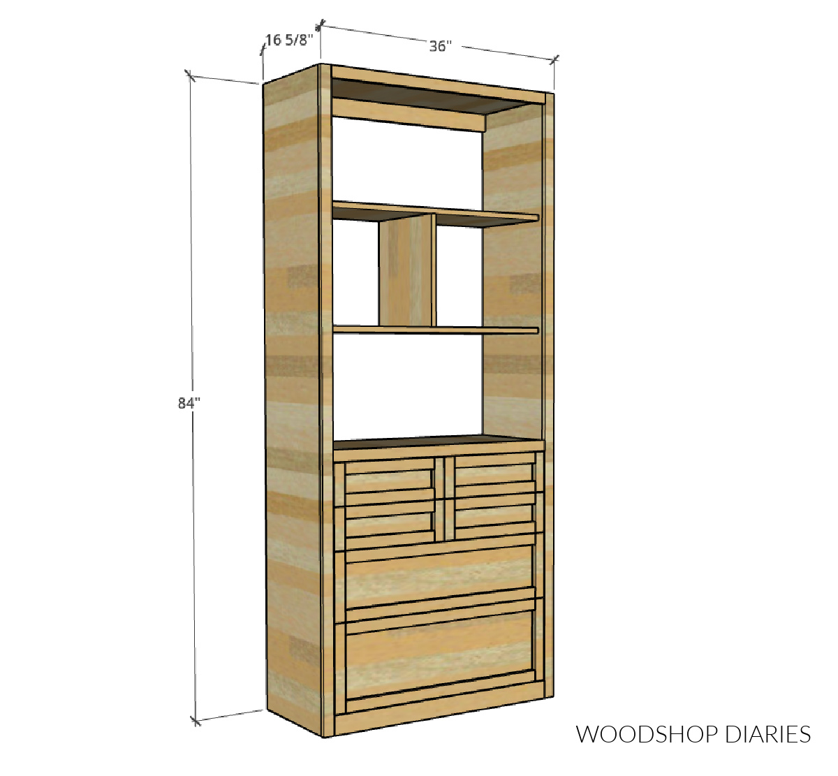 Dimensional diagram of DIY closet tower with drawers on bottom and shelving on top