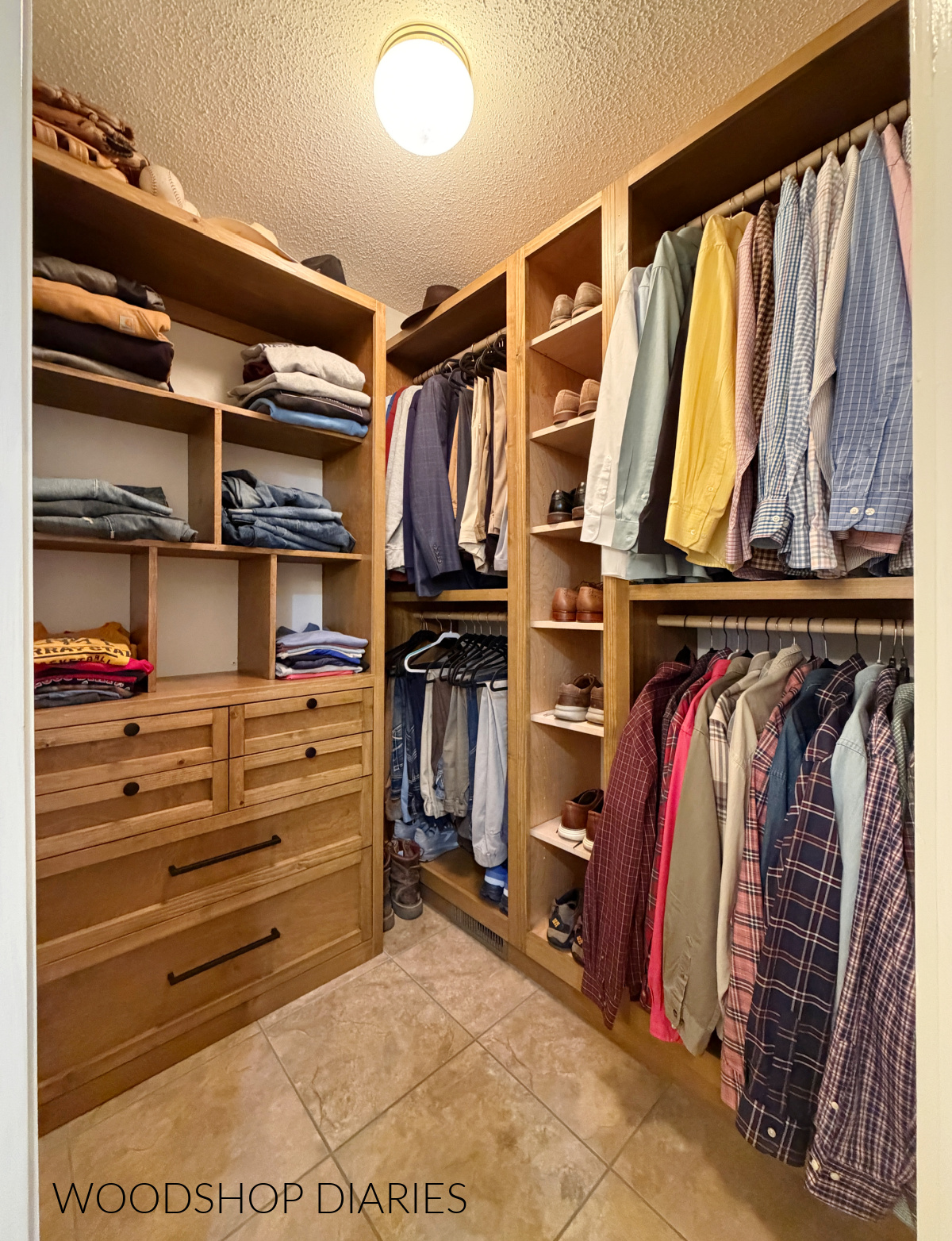 Completed DIY built in closet cabinets with hanging rods and adjustable shoe shelf
