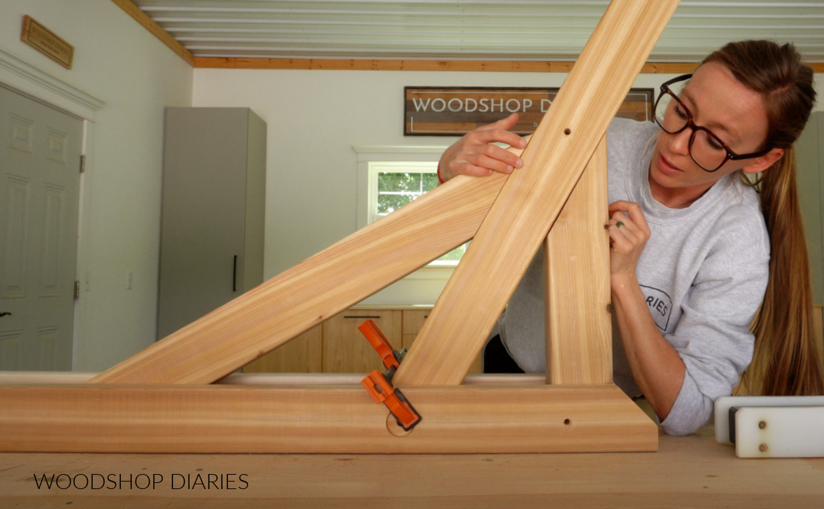 Shara Woodshop Diaries placing 4x4 support posts together on workbench to ensure proper hammock stand fit