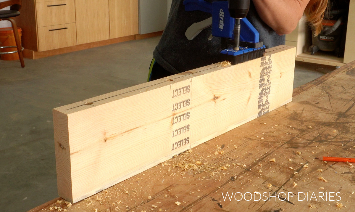 Shara Woodshop Diaries drilling dowel holes with Kreg Drilling Guide