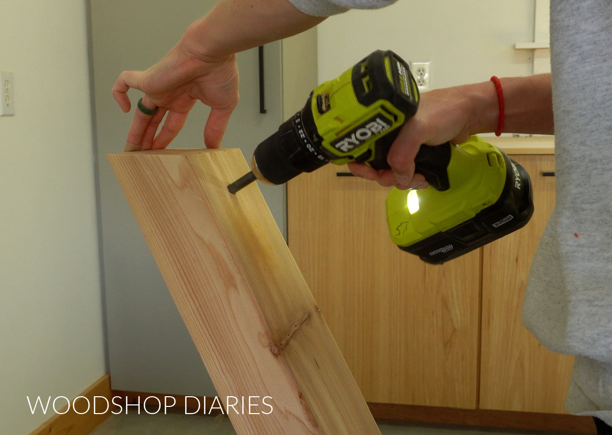 Shara Woodshop Diaries drilling eye bolt hole in hammock stand post