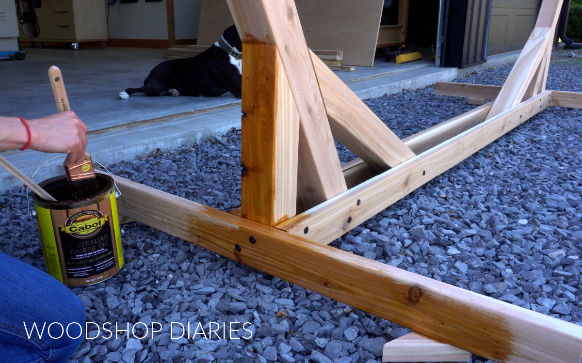 Shara Woodshop Diaries sealing hammock stand with Cabot Australian Timber Oil