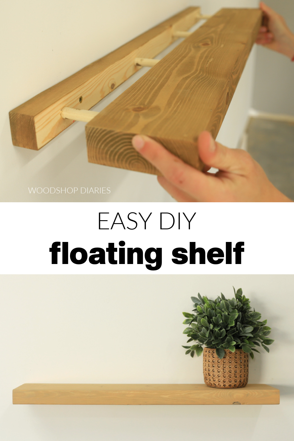 Floating shelf made using dowels Pinterest collage image