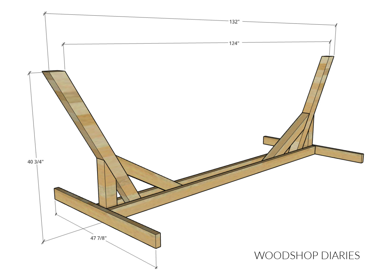 Overall dimensional diagram of hammock stand made from 4x4 and 2x4 cedar