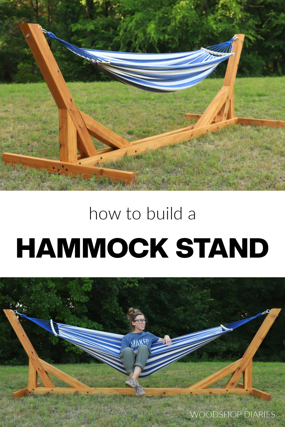 Pinterest collage image of DIY hammock stand showing completed stand at top and Shara laying in hammock on bottom with text "how to build a hammock stand"