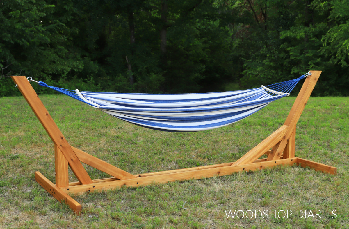 9 ft hammock hanging on DIY wooden hammock stand in backyard