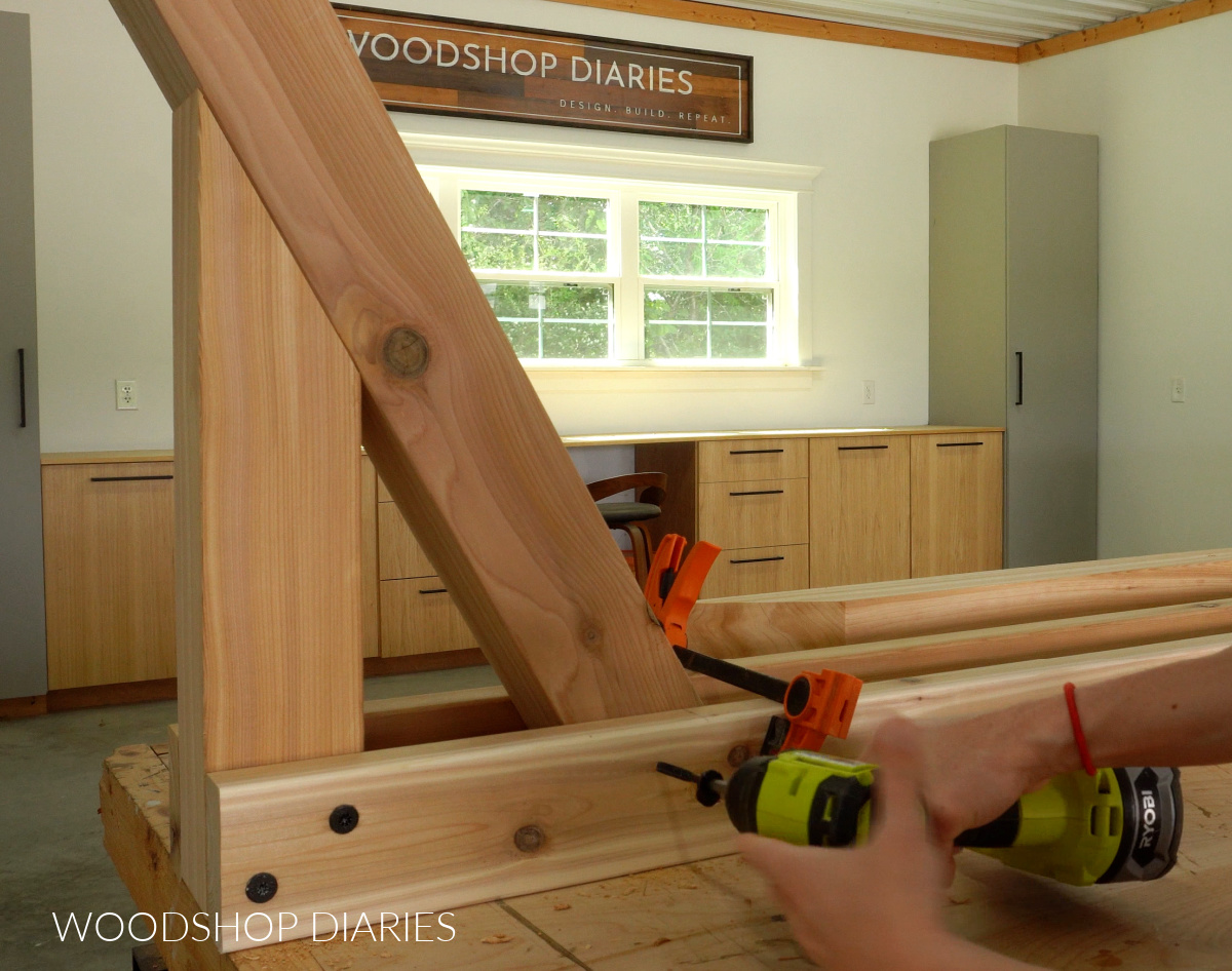 Shara Woodshop Diaries securing hammock stand post to runners using screws