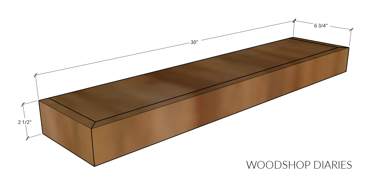 DIY floating shelf overall dimensional diagram
