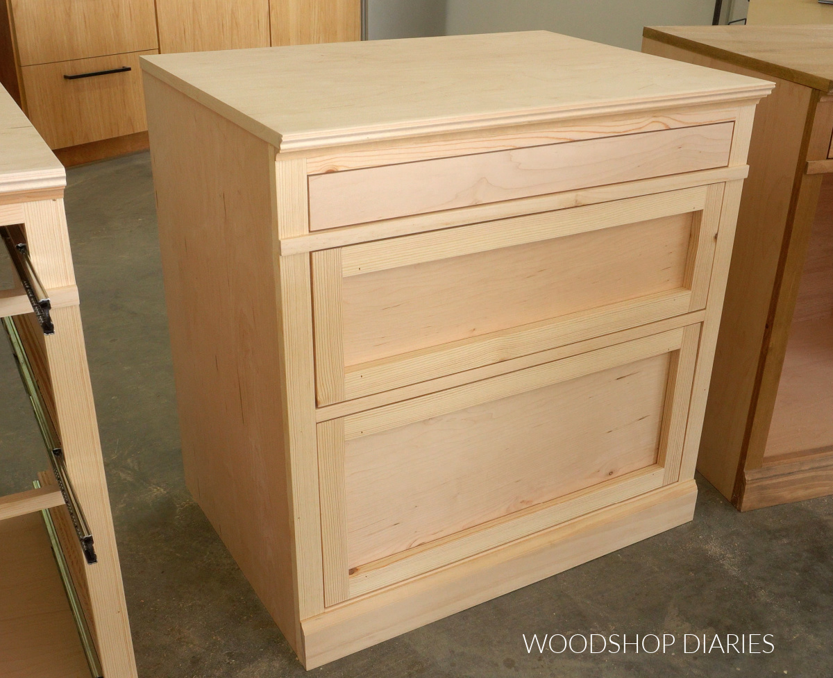 Completed DIY 3 drawer base cabinet unfinished in workshop