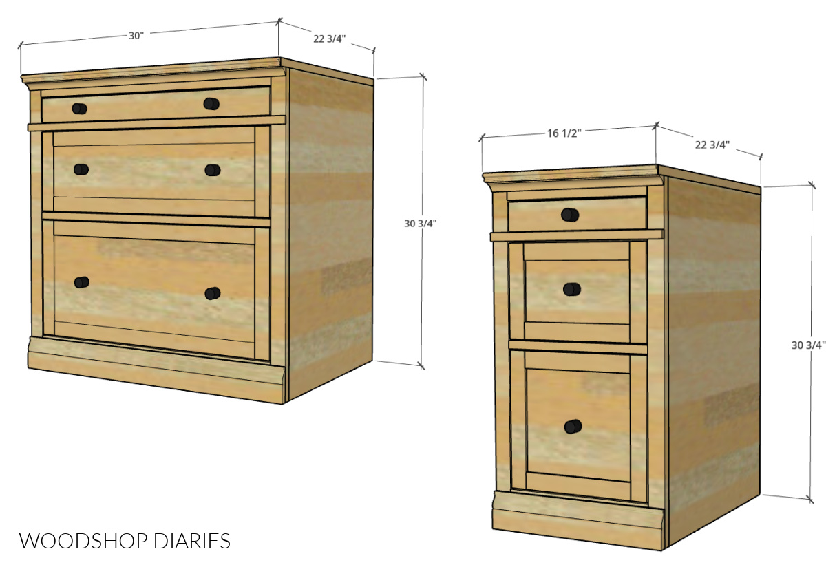 Dimensional diagram of 3 drawer cabinets