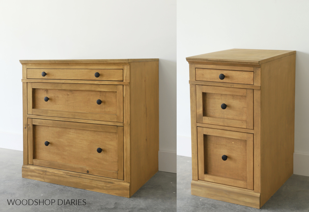 collage image showing two sizes of 3 drawer cabinet: one wide and one narrow